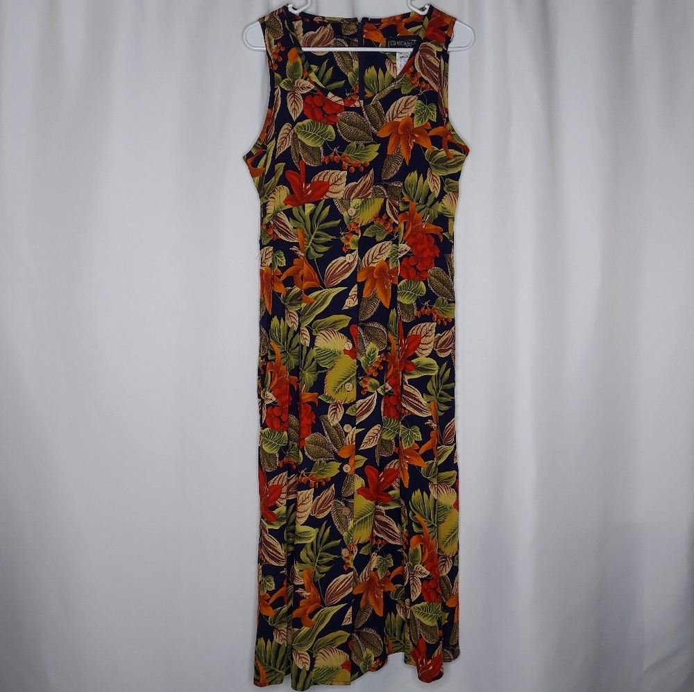 Ed Michaels Vtg Empire Midi Dress 12P Tropical Floral Tie Crinkle Coastal Beach‎